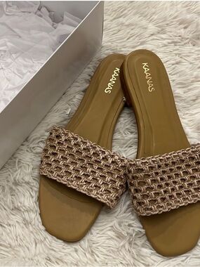 Kaanas Key Largo Sandal Tan Sand Braid Boho Slide Open Toe Shoe Resort Heel